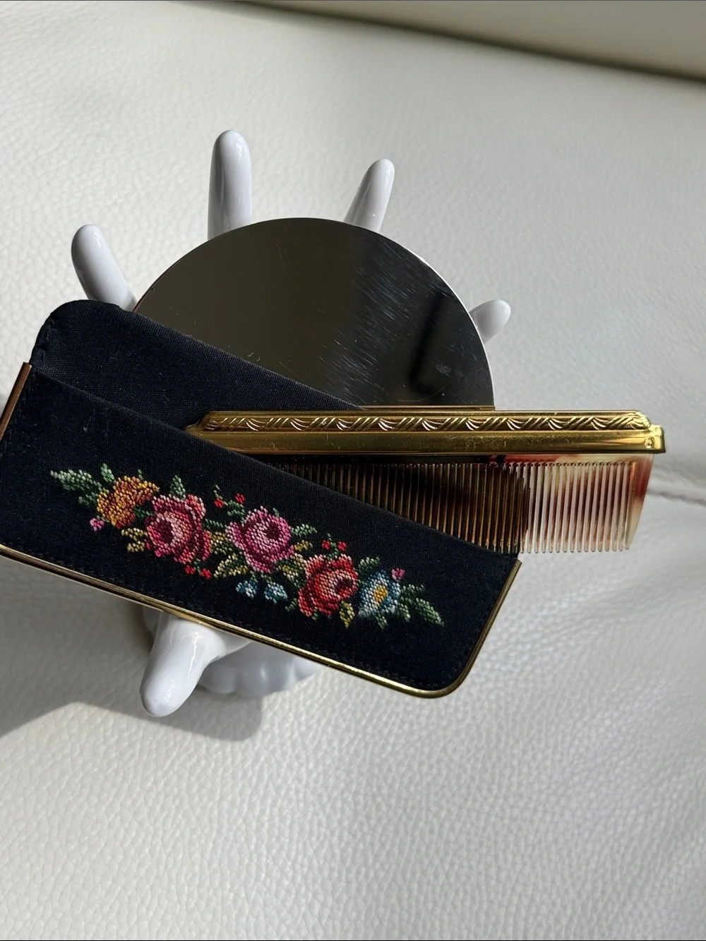 Vintage Black Floral Embroidered Compact Mirror and Comb Set
